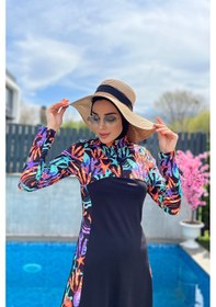 Resim Fermuarlı Likralı Tam Kapalı Tesettür Mayo R077 Mercan Siyah 