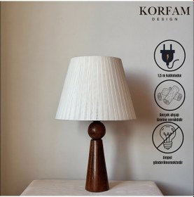 Resim Beyaz Keten Kumaş Başlıklı Ahşap Abajur Çok Renkli 