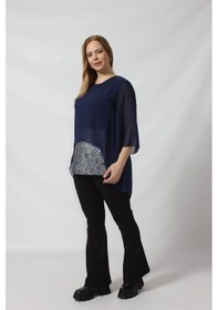 Resim Moda Berray 4048 Şifon -simli Dantel Kombinli Büyük Beden Bluz Lacivert Lacivert 