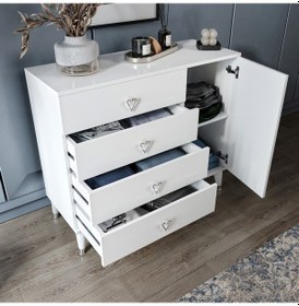 Resim Simple 4 Çekmeceli 1 Kapaklı Modern Şifonyer Beyaz Gümüş Beyaz 