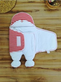 Resim Yenidoğan Unisex Ayaklı Bebek Kundağı Ve Uyku Tulumu - Ayıcık Nakışlı & Kırmızı Çizgili Kırmızı 