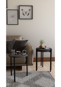 Resim 3'lü Yuvarlak Zigon Sehpa Seti Metal Ayaklı Salon Oturma Odası Yan Sehpa - Kahve Sehpası Antrasit 