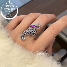 Resim 925 Ayar Gümüş Şık Çok Renkli Tavuskuşu Kadın Yüzüğü, Oymalı Emaye Damlalı Tasarım, Zarif Hediye Kutusu Paketi, Yıldönümü ve Doğum Günleri İçin Mükemmel 