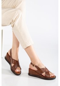 Resim Kadın Dolgu Topuklu Ayakkabı Sandalet Taba Çapraz Bantlı Suni Deri-4094 Taba 