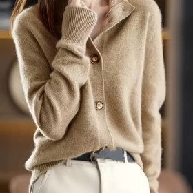 Resim Kadınlar için Şık Akrilik Örgü Hırka, Yaka Detaylı Düz Renk Kazak, %45 Akrilik %29 Polyester %26 Poliamid, Sonbahar/Kış Sıcak Örgü Giyim 