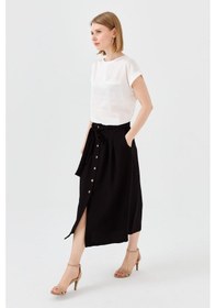 Resim Desen Triko Kadın Beli Kuşaklı Önü Düğmeli Etek 23487 Siyah 