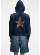 Resim YUMEA Kadın Oversize Kapüşonlu Baskılı Lacivert Sweatshirt 