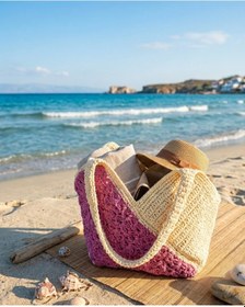 Resim Winndy Örgüleri Plaj Çantası Kağıt İp İle Örülmüştür Ekru-pembe 