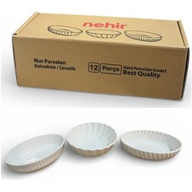 Resim Nehir Porselen 12 Li Kahvaltılık Çerezlik Seti - 3 Model Çok Amaçlı Kase - Kayık Beyaz 