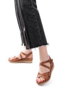 Resim Genel Markalar 731-045 Taba Çapraz Hakiki Deri Dolgu Topuklu Günlük Kadın Sandalet 