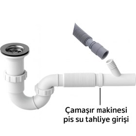 Resim DESIPHON S Tipi Körüklü Lavabo Sifonu, Beyaz, Plastik, Çamaşır Makinesi Bağlantılı, 180° Dönebilir, Çift Contalı, Su Geçirmez, 4x3.5 cm 