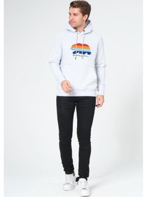Resim Süzene Nakış Ayı Baskılı Kapüşonlu Gri Sweatshirt Polarlı Çok Renkli 