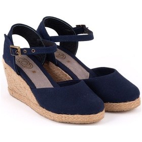 Resim Gerçek Elişi Topuğu Açık Bilekten Bantlı Dolgu Topuk Keten Hasır Kadın Espadril Handmade Lacivert 