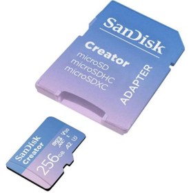 Resim Sandisk Creator 256GB 190/130MB/s microSDXC UHS-I A2 V30 Adaptörlü Hafıza Kartı SDSQXAV-256G-IN6MS 