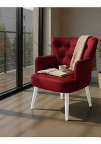 Resim Waterybrook Tekli Berjer Koltuk - Kapitoneli Babyface Kumaş - Beyaz Ahşap Ayaklı - Retro Modern Tasarım Bordo 