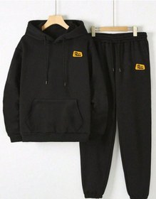 Resim Pens Yazılı Kışlık Alt Üst Takımı Sweatshirt Eşofman Altı - Siyah Baskılı Oversize Kapüşonlu Siyah 