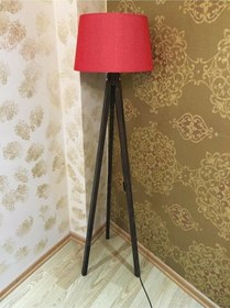 Resim Kırmızı Kahve Lambader Konik Kumaş Başlık Ahşap Tripod Ly689 