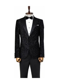 Resim Wessi Leopar Desenli Slim Fit Siyah Erkek Smokin Ceket Siyah 