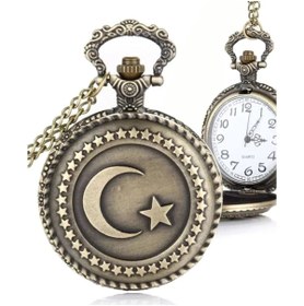 Resim Hediye Sahibi Kişiye Özel Ayyıldız Kabartmalı Büyük Boy Köstekli Saat Kolye 
