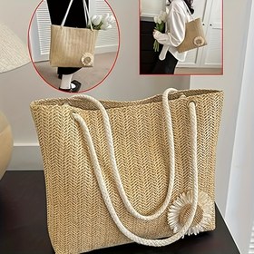 Resim 2 Renk Mevcut Bohem Dokuma Çanta ile Güneş Çiçeği Detayları - Geniş Khaki/Beyaz Kadın Çantası, Plaj Tatilleri ve Rahat Geziler için Mükemmel, Hafif Şık Tasarım, Plaj Çantası 