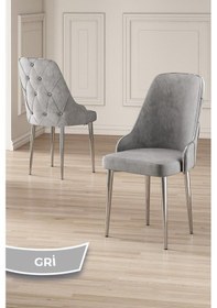 Resim Canisa Vae Serisi 90x160 Lak Panel Beyaz Mermer Desen Krom Ayak Masa Takımı 6 Gri Sandalye Beyaz Mermer Desen Masa Sandalyeler Gri 