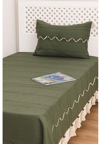 Resim Luna Haki Boncuklu Püsküllü %100 Pamuklu Tek Kişilik Yatak Örtüsü Takımı Haki 