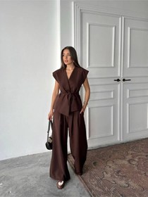 Resim Rawea Yelekli Pantolonlu Bağlamalı Takım - Viskon & Geniş Paça Kahverengi 