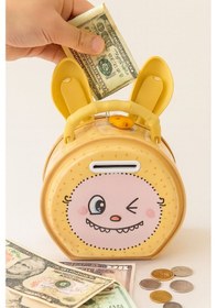 Resim Kilitli Metal Kumbara Sevimli Tavşan Figürlü Kulaklı Çocuklar İçin Para Biriktirme Kumbarası Sarı Çok Renkli 