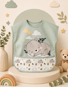 Resim Bebechi Sevimli Ayı Desenli Cepli Kısa Kollu Su Geçirmez Bebek Mama Önlüğü 