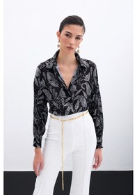Resim Sateen Desenli Saten Gömlek - Siyah-135960 Siyah 