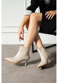 Resim Shoetek Reva Kadın Bot İnce Topuklu Fermuarlı Bej Deri Bej 