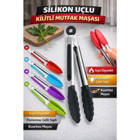 Resim Manosta Silikon Uçlu Kilitli Mutfak Maşası - Isıya Dayanıklı, Paslanmaz Çelik Saplı - Kizartma Maşası 
