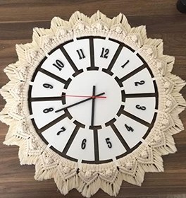Resim Makrome Örgülü Siyah Ahşap Saat (Beyaz) 