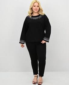 Resim Kadın Büyük Beden Taş Baskı Detaylı Yüksek Bel Eşofman Takımı 8175-25 - 5XL / Taş 