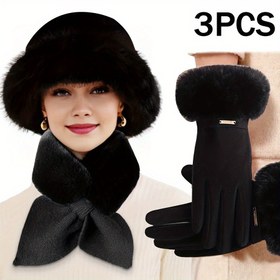 Resim Kadınlar için 3 Parça Kışlık Sıcaklık Aksesuar Seti - Polyester Lif, Kalın Polar Astarlı, Eldiven, Atkı ve Şapka Dahil, Soğuk Hava ve Dış Aktiviteler İçin İdeal, Mükemmel Noel veya Sevgililer Günü Hediyesi 