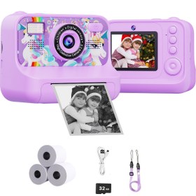 Resim Küçükler için Anında Baskı Kamera, 6.1cm HD Dijital Kamera, IPS Ekran, USB Şarj, 480P, 32GB Kart, 3 Rulo Kağıt, Şarj Edilebilir Lityum Polimer Pil, Halloween, Yılbaşı Hediyeleri için Mükemmel - Mavi, Mor, Pembe seçeneklerinde mevcuttur 