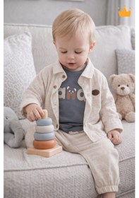Resim Babyhola Bayramlık Erkek Bebek Üçlü Takım Panda Baskılı Müslin Kumaş Mevsimlik Set 2201 Füme 