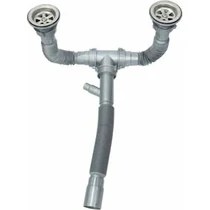 Resim Lüks Evye Çift Gözlü Çift Çıkışlı Körüklü Lavabo ve Evye Sifonu Gider Borusu Akordiyon Plastik Dar Kafa Paslanmaz 