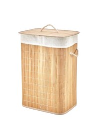 Resim Dikdörtgen Bambu Ahşap Kirli Çamaşır Sepeti 40x30x60cm Seyyar Kapaklı İçi Bezli İp Kulplu 5570 