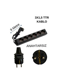 Resim Avarson 6'lı Altılı Priz Topraklı Kablolu Siyah 3x1,5 Ttr 9 Dokuz Metre 