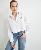 Resim Crop Oversize Poplin Gömlek Nakış Detaylı Düğmeli Pamuklu Şeritli Yaka 