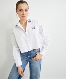 Resim Crop Oversize Poplin Gömlek Nakış Detaylı Düğmeli Pamuklu Şeritli Yaka 