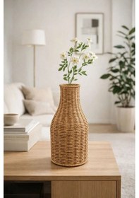 Resim Hasır Rattan Dekoratif Vazo Aksesuar Çiçek Vazosu 30 14cm Açık Kahve 
