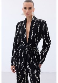 Resim Sateen Desenli Uzun Ceket - Siyah-136474 Siyah 