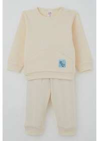 Resim Breeze Erkek Bebek Pijama Takımı Omuzdan Patlı Kanguru Cepli Sevimli Fil Armalı 4 Ay-1 Yaş, Krem Krem 