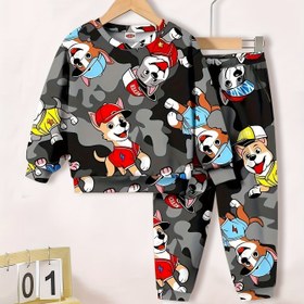 Resim Çizgi Film Yavru Köpek Sonbahar Kamuflaj Sweatshirt 2'li Set, Çizgi Film Yavru Köpek Desenli Moda Kamuflaj, Popüler Renk Kombinasyonu, Canlı Renkler, Bol Rahat Kesim, Dış Mekan için, Gençler için 