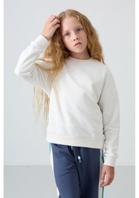 Resim Tommy Life Ekru Pamuklu İçi Tüylü Yumuşak Dokulu Oversize Nakışlı Kız Çocuk Sweatshirt - 75150 Ekru 