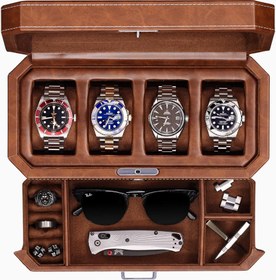 Resim 4 Yuvalı Deri Saat Kutusu ve Çekmeceli Takı Düzenleyici, Zamansız Ve Şık Görünüm - Açık Kahverengi 