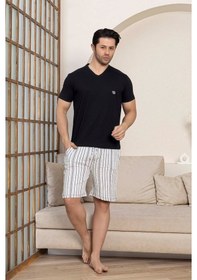Resim Guava Erkek Siyah Krem Çizgili V Yaka Düğmesiz Kısa Kol Cepli Şortlu Pijama Takımı Siyah 