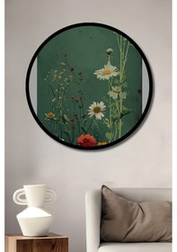 Resim Papatyalar Ve Mevsim Çiçekleri Sulu Boya Görünüm Ahşap Tablo Yuvarlak Duvar Tablosu Çerçeve Görünüm 4720 - 50 X 50 